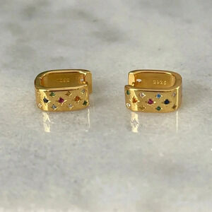 COPY - Gold Crystal Star Burst Colorful Oval Chunky Hoop Huggie Earrings Brand …